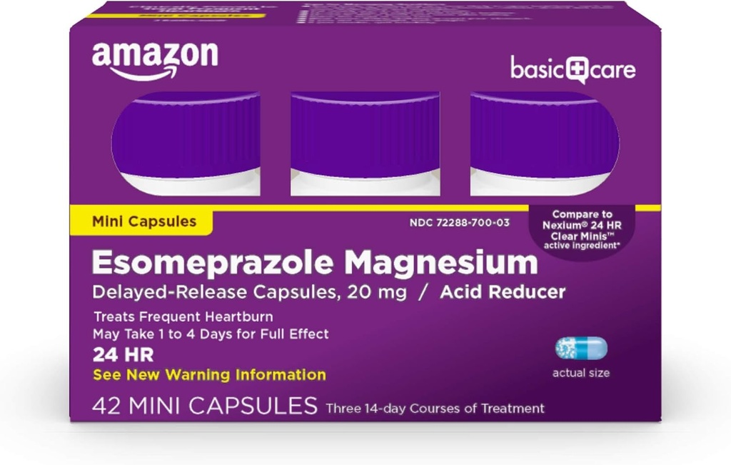   Basic Care Esomeprazole Magnesium Delayed-Release Mini Capsules, 20 mg, Acid Reducer, 24 Hour Heartburn Medicine, 42 Count