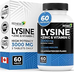 Renovar Activos L-Lysine 1000 mg por Servir con zinc &amp; vitamina C – Soporta función inmunitaria, formación de colágeno, soporte antioxidante, " Esquía saludable, pelo " uñas – Hecho en Canadá – 60 tabletas