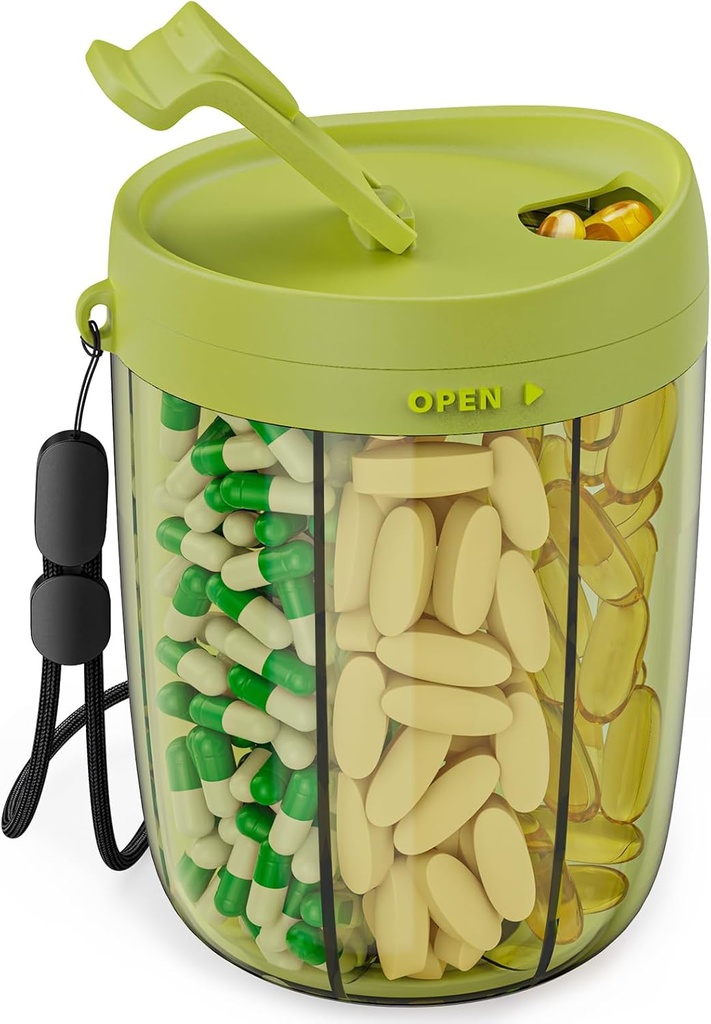 PULIV Organizador de botellas de gran tamaño, organizador de suplementos para mantener 6 diversas vitaminas, caja de píldoras con diseño anti-mixing &amp; ancha, fácil de recuperar medicamentos y 20 piezas etiquetas pegatinas, verde