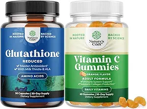 Bundle of Reduced Glutathione Supplement with Milk Thistle - 500 mg per Serving Pure L Glutathione and Chewable Vitamin C Gummies for Adults - Ascorbic Acid Natural Gummy Immune Booster &amp; Cold Remedy