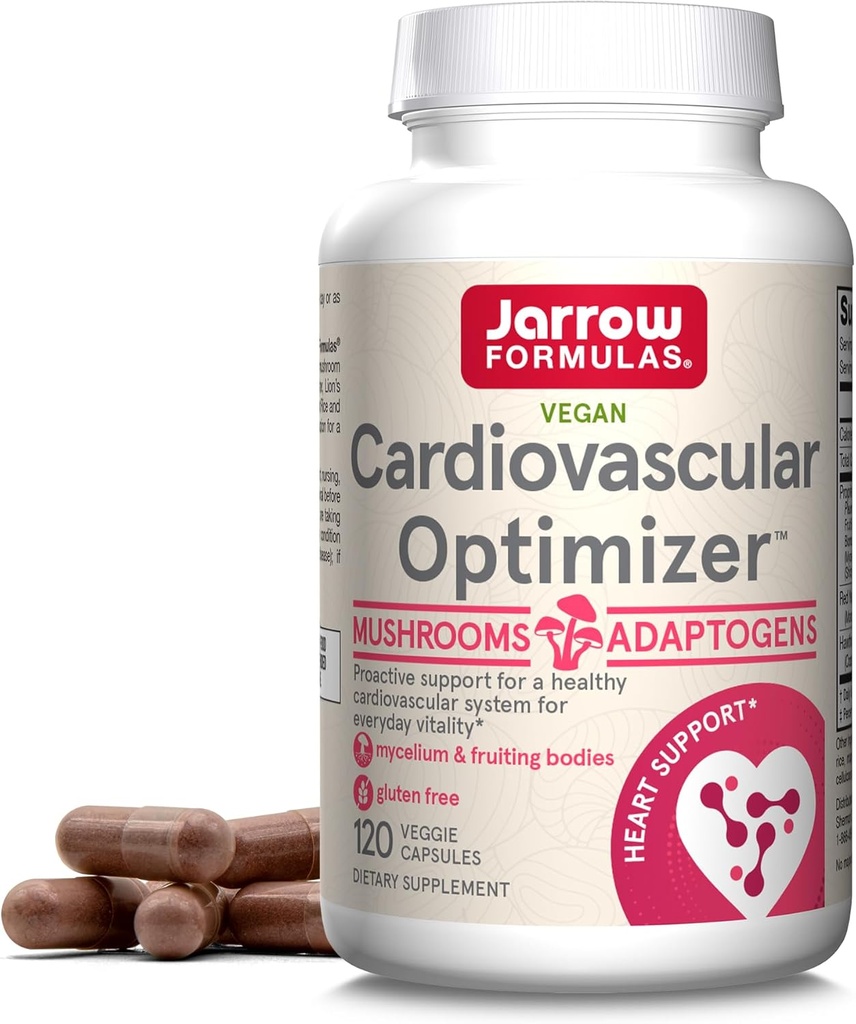 Fórmulas Jarrow Optimizador cardiovascular con mane de león, reishi, chiitake y hongos de ostra azul, suplemento dietético con arroz de levadura roja y hoja de hawthorn, 120 cápsulas de verduras, 30 días de suministro