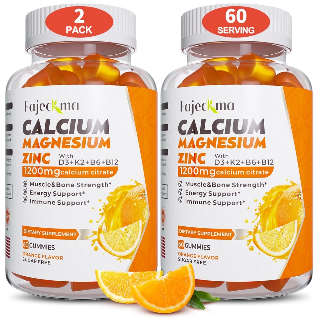 Calcium Magnesium Zinc Gummies for Adult: 1200mg Calcium Citrate with Vitamin D3 K3 - Natural Organic Sugar Free High Absorption Supplement for Women Men Kids(120Count)