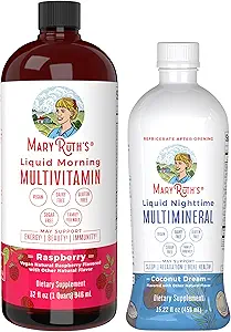 MaryRuth's Liquid Morning Multivitamin Raspberry (32oz) " Liquid Nighttime Multimineral Coconut (15.22oz) ← Sugar-Free, No Melatonin ← Vegan, Non-GMO ← Soporta sueño, belleza y salud general