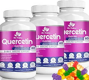(3 Pack) Quercetina Gummies by BioVitalica - Quercetina con Bromelaina Vitamina C y Zinc &amp; Elderberry + Vitamina D3-5 en 1 Apoyo Inmunitario - Zinc Quercetin 750 mg para niños y adultos