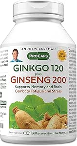 ANDREW LESSMAN Ginkgo 120 Plus Ginseng 200mg - 360 Capsules - Standardized Extract Blend to Support Brain, Memory and Cognitive Function. Adaptógeno, Combate Estrés y Fatiga. No hay aditivos