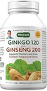ANDREW LESSMAN Ginkgo 120 Plus Ginseng 200mg - 360 Capsules - Standardized Extract Blend to Support Brain, Memory and Cognitive Function. Adaptógeno, Combate Estrés y Fatiga. No hay aditivos