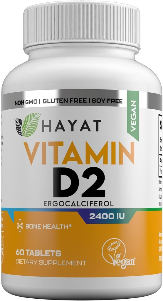Vitaminas HAYAT Vitamina Vegana D2 2400 UI (60 MCG), Suplemento dietético para bonificación, dientes, musculoso e inmune Apoyo a la Salud, 2 Meses de Suministro, Todo Natural, Certificado Halal, 60 Tabletas, Hecho en EE.UU.