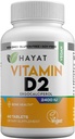 Vitaminas HAYAT Vitamina Vegana D2 2400 UI (60 MCG), Suplemento dietético para bonificación, dientes, musculoso e inmune Apoyo a la Salud, 2 Meses de Suministro, Todo Natural, Certificado Halal, 60 Tabletas, Hecho en EE.UU.