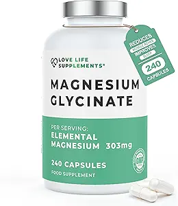 Magnesium Glycinate (Bisglycinate) | Chelated Magnesium Supplements | 2750mg (303mg Magnesium) | 240 Capsules / 60 Servings | Highly Bioavailable | Made in UK - GMP Certified | Love Life Supplements