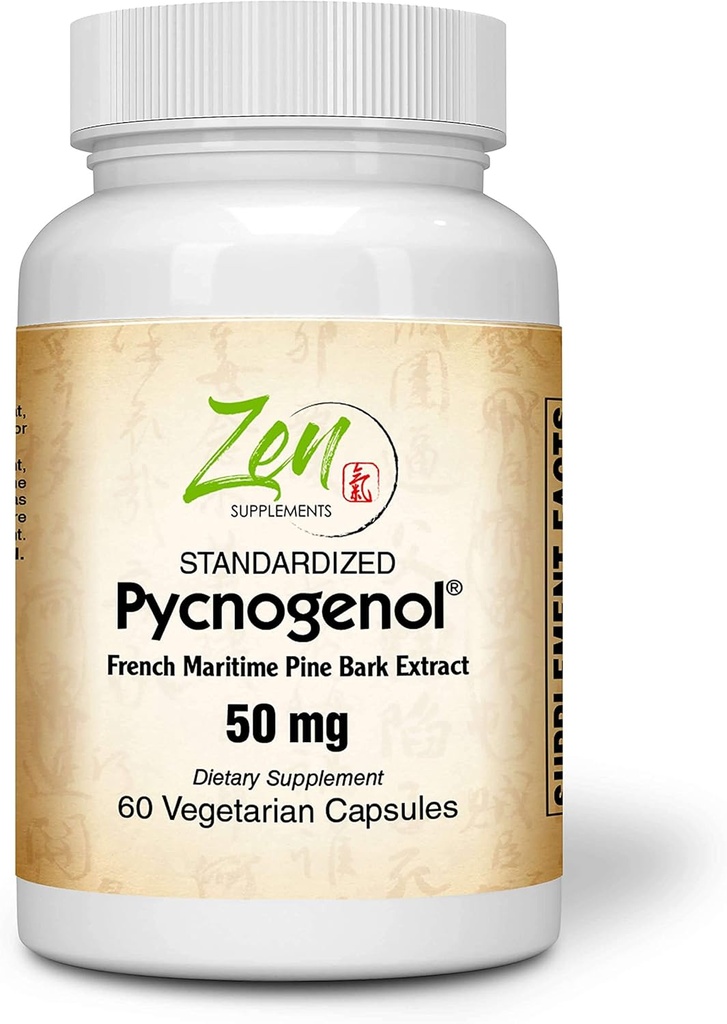 Suplementos Zen Pycnogenol 50mg - Extracto estandarizado de corteza marítima francesa para antioxidante " Apoyo a la inflamación - No GMO, Gluten " Soy Free 60-Vegcaps