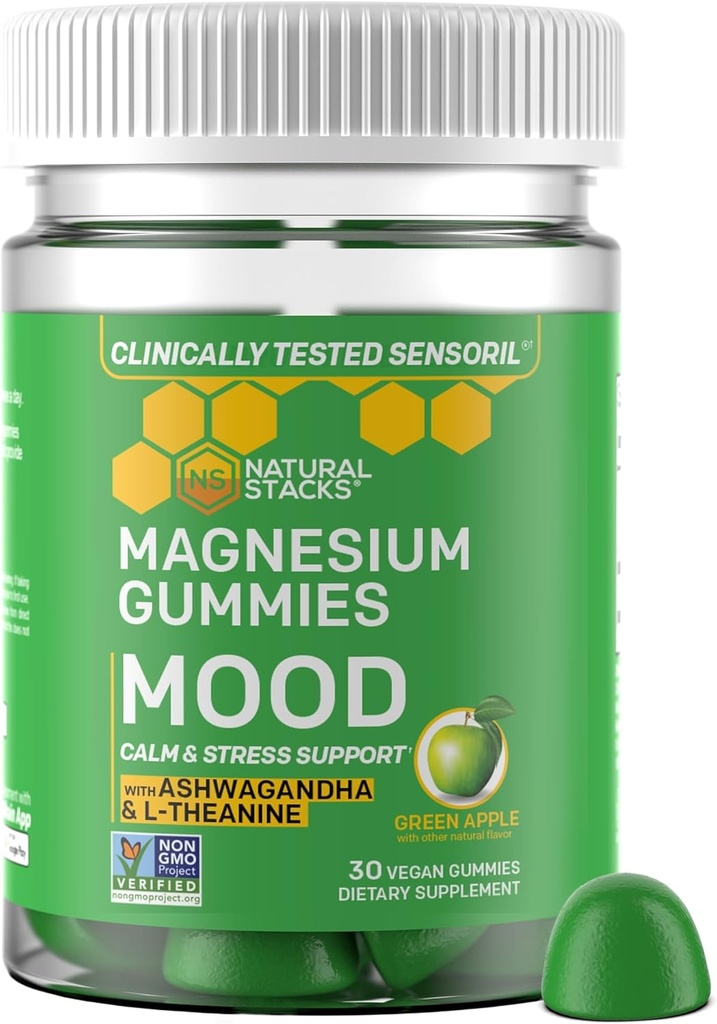 Mood Magnesium Gummies - 200mg Magnesium Citrate & 125mg Sensoril Ashwagandha Gummies - con L Theanine for Calm & Stress Support - Mag Citrate y Ashwagandha Suplemento - 30 Green Apple Chewables