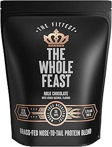 The Fittest Whole Feast Beef Protein Powder - Milk Chocolate - Grass Fed Nose to Tail Carnivore Blend Including Liver, Colostrum and Whole Bone - BCAAs - 14g Collagen, 21g Total Protein