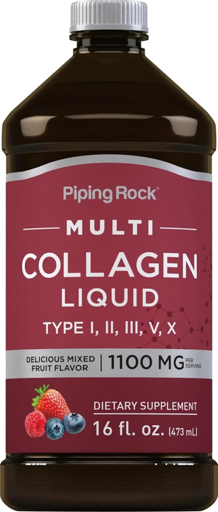 Piping Rock Líquido Collagen 16 fl oz TENIDO 1100mg ANTE Fruta Flavor TENIDO Multi Collagen Peptides ANTERITO con Vitamin C ANTE No GMO, Gluten Suplemento Libre