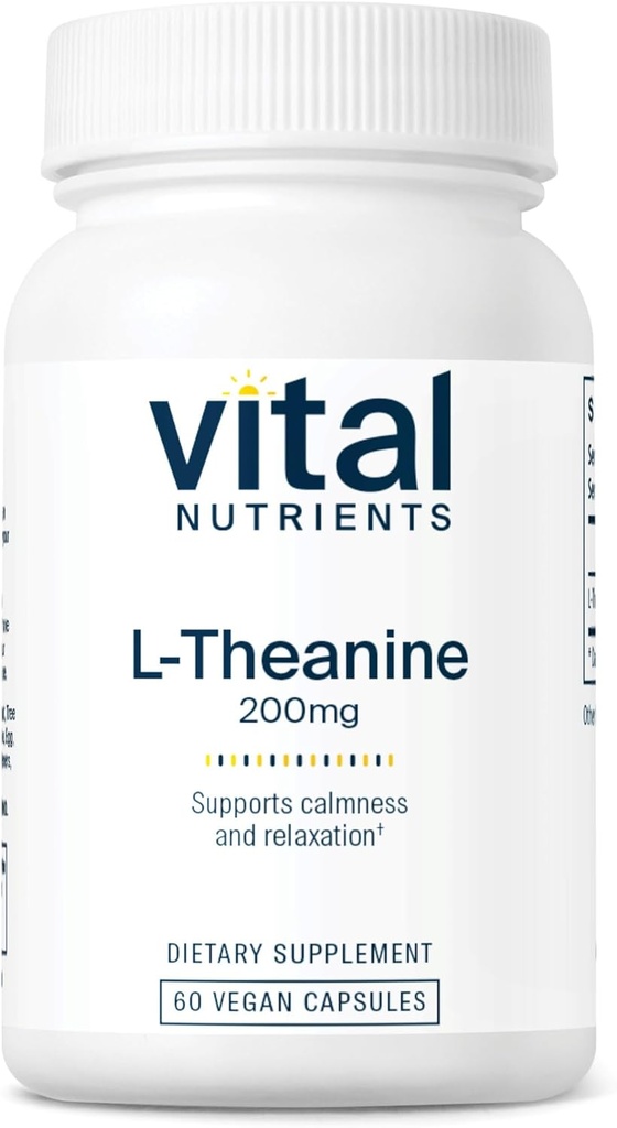 Vital Nutrients L-Theanine 200mg ← Vegan Supplement TEN L Theanine Supplement Supports Normal Stress Levels and Cognitive Function* TEN Gluten, Dairy and Soy Free ← 60 Capsules