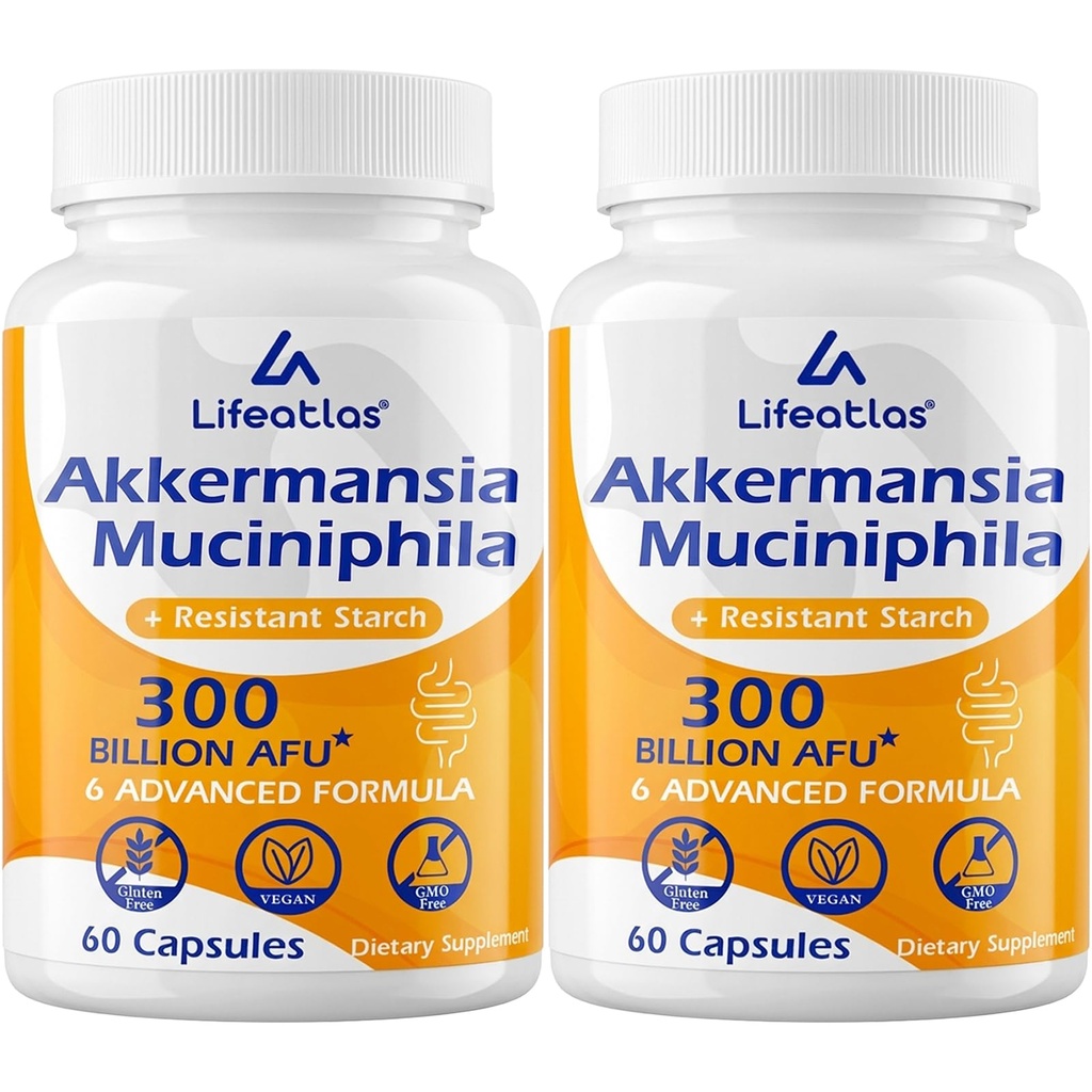 Lifeatlas Akkermansia Supplement Probiotic | Akkermansia with 300 Billion AFU Akkermansia Probiotic, 6-in-1 Akkermansia Probiotics for Women and Men, Daily Akkermansia Supplement, 120 Caps
