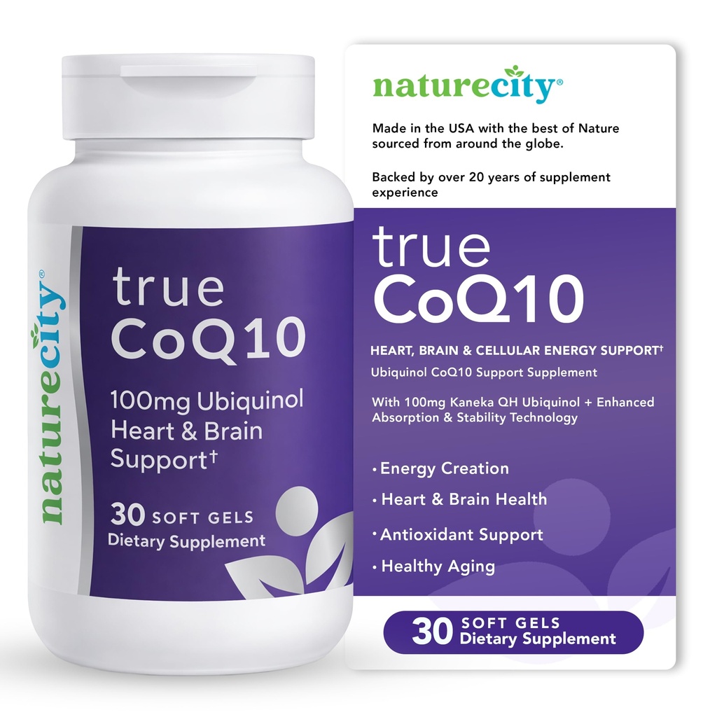 NatureCity True-CoQ10 Ubiquinol 100mg Altamente Absorbable y establizado Kaneka QH CoQ10 Suplemento de Corazón, Cerebro y Energía Celular - (30 Gels Soft) Active CoQ10 como Ubiquinol