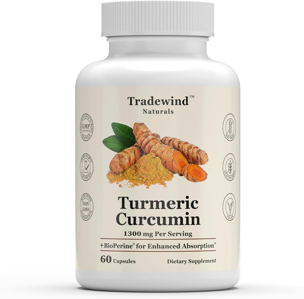 Curcumina Turmérica 1300mg - Turmérica Premium con 95% Curcuminoides " BioPerine Black Pepper Extract - Ausorción Mejorada - No GMO - 60 cápsulas vegetales - Hecho en EE.UU.