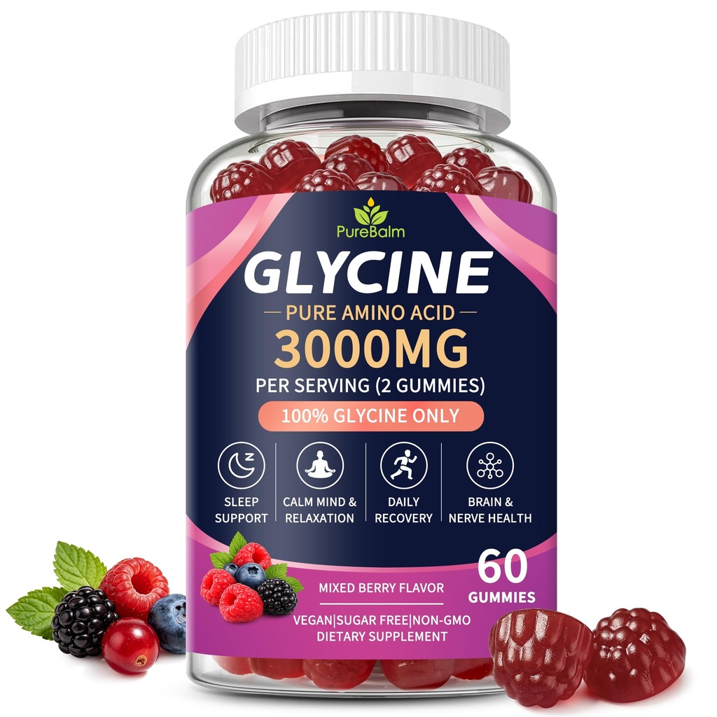 Glycine Gummies for Women & Men,Pure Glycine 3g Supplements for Sleep,Muscle Recovery & Nerve System Health,Melatonin Free,Sugar Free,Vegan-Mixed Berry Flavor-30 Day Supply