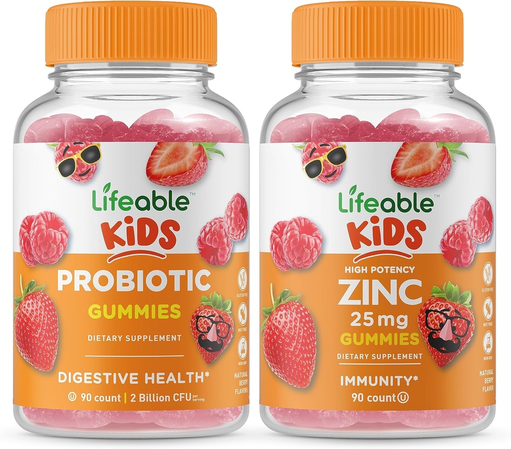 Probiótico Lifeable 2 Billones CFU Kids + Zinc 25mg Kids, Gummies Bundle - Gran Tasting, Suplemento de vitaminas, Gluten Free, GMO Free, Chewable Gummy