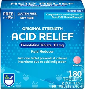 Rite Aid Acid Reducer, Original Strength Famotidine Tablets, 10 mg - 2 Botellas, 90 Cuenta Cada (180 Conteo Total) Silencio Heartburn Relief ← Acid Reflux ← Antacid Chews & Tablets, Heartburn Chews & Tablets