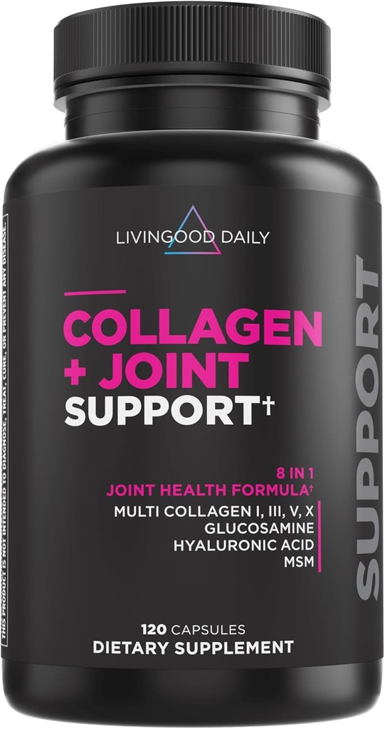 Livingood Daily Collagen + Joint Support, Grass Fed Multi Collagen Peptides I III V X with Hyaluronic Acid, Joint Support Supplement for Women & Men, Hair Skin Nails, Keto & Gluten Free, 120 Capsules