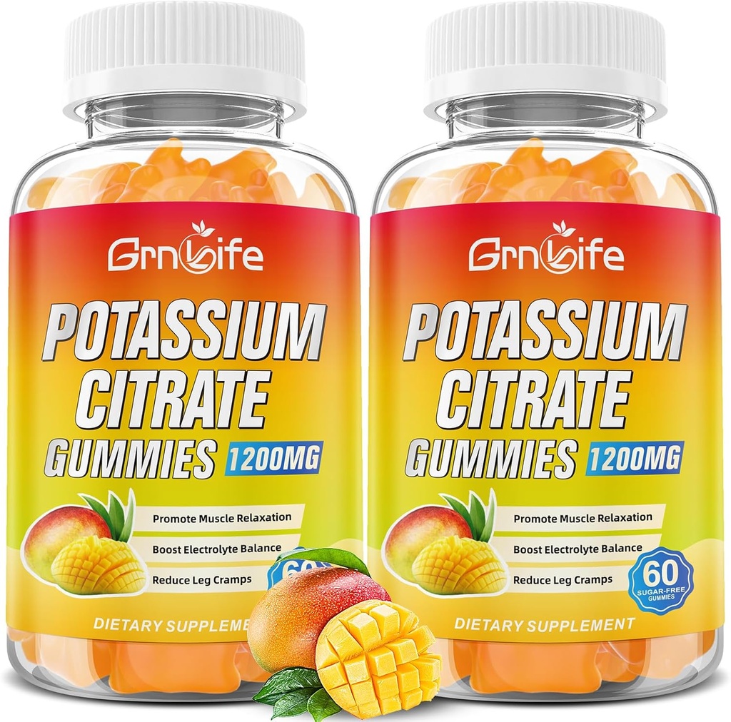 Potassium Citrate Gummies, High Potassium Supplement Gummies 1200mg Support Leg Cramps & Muscle Health, Potassium Gummies for Adults & Kids, Vegan, Mango Flavor 120 Count