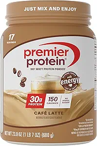 Premier Protein Powder, Café Latte, 30g Protein, 1g Sugar, 100% Whey Protein, Keto Friendly, Gluten Free, No Soy, 95mg Caffeine for Energy, 23.9 oz (17 Servings)