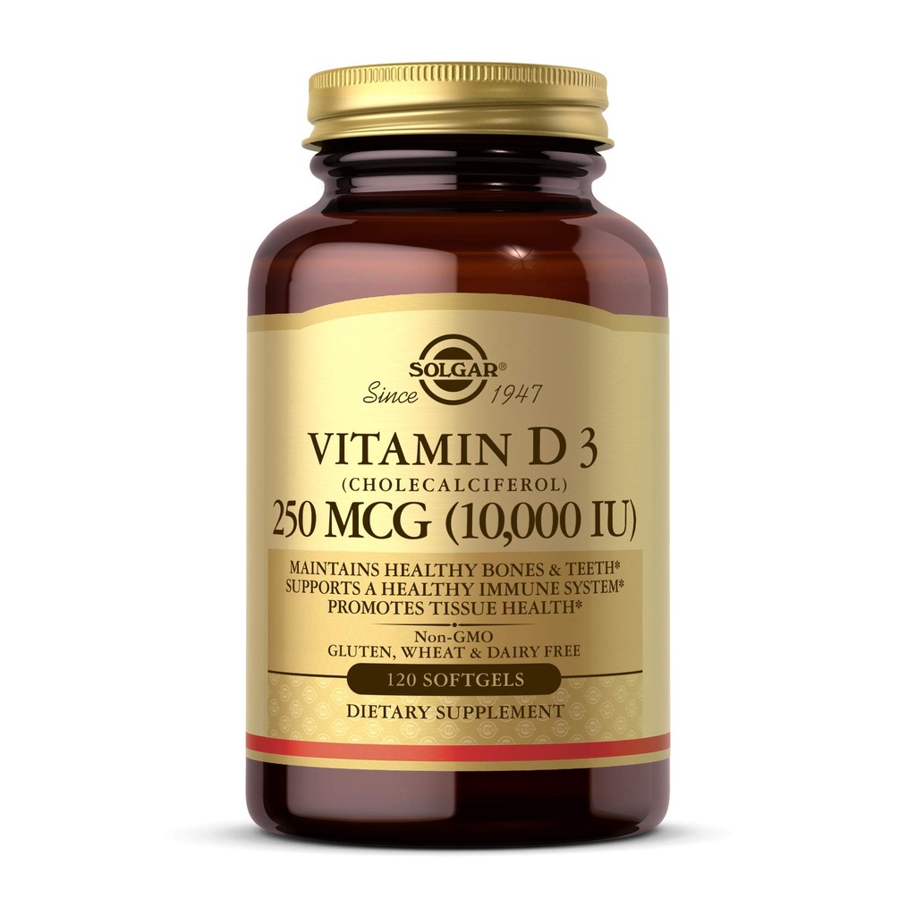 Solgar Vitamina D3 (Cholecalciferol) 250 MCG (10.000 UI), 120 Softgels - Ayuda a mantener los huesos saludables " dientes - Apoyo al sistema inmunológico - No GMO, Gluten Free, Dairy Free - 120 Serviciones