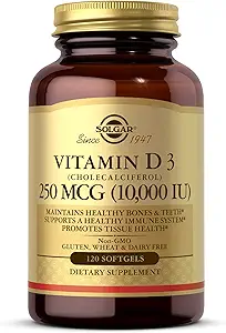 Solgar Vitamina D3 (Cholecalciferol) 250 MCG (10.000 UI), 120 Softgels - Ayuda a mantener los huesos saludables " dientes - Apoyo al sistema inmunológico - No GMO, Gluten Free, Dairy Free - 120 Serviciones