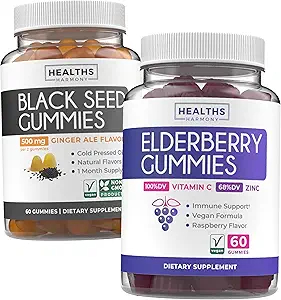 Black Seed Oil Gummies & Elderberry Gummies (1-Month Supply) Immune Boost Bites Bundles - Black Seed Oil Gummies Ginger Ale Flavor Cold-Presed Nigella Sativa & Elderberry Gummies for Adults