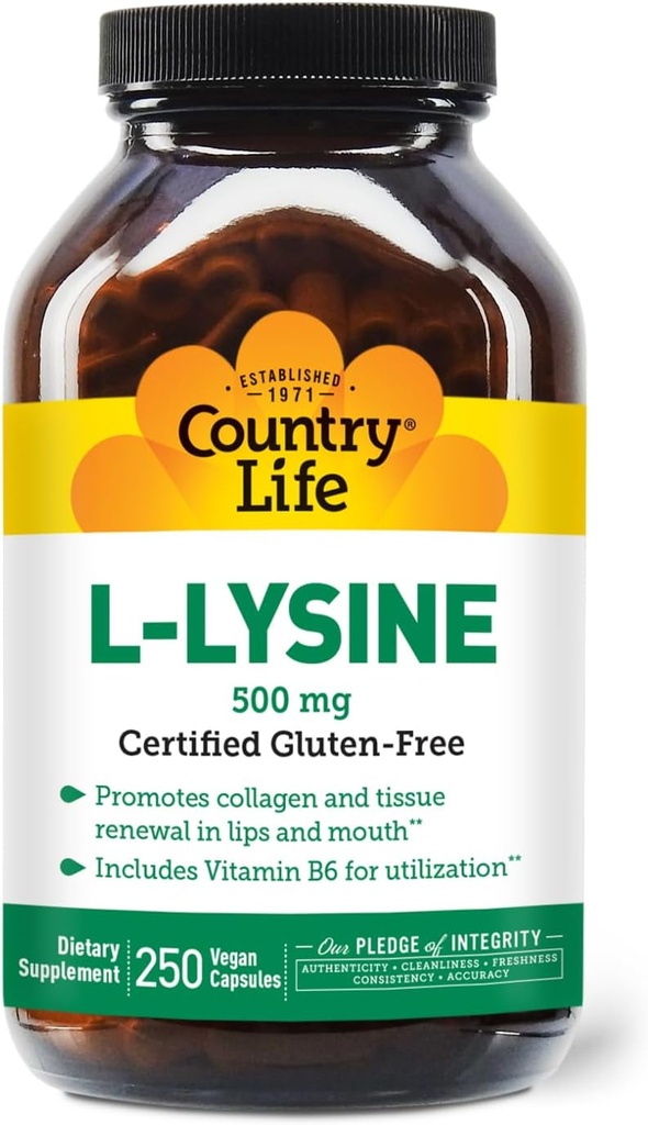 Country Life L-Lysine 500mg con B-6, apoya la salud inmune, promueve la renovación del colágeno en los labios y la boca, 250 cápsulas veganos, galleta certificada gratis, certificada Vegan