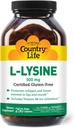 Country Life L-Lysine 500mg con B-6, apoya la salud inmune, promueve la renovación del colágeno en los labios y la boca, 250 cápsulas veganos, galleta certificada gratis, certificada Vegan