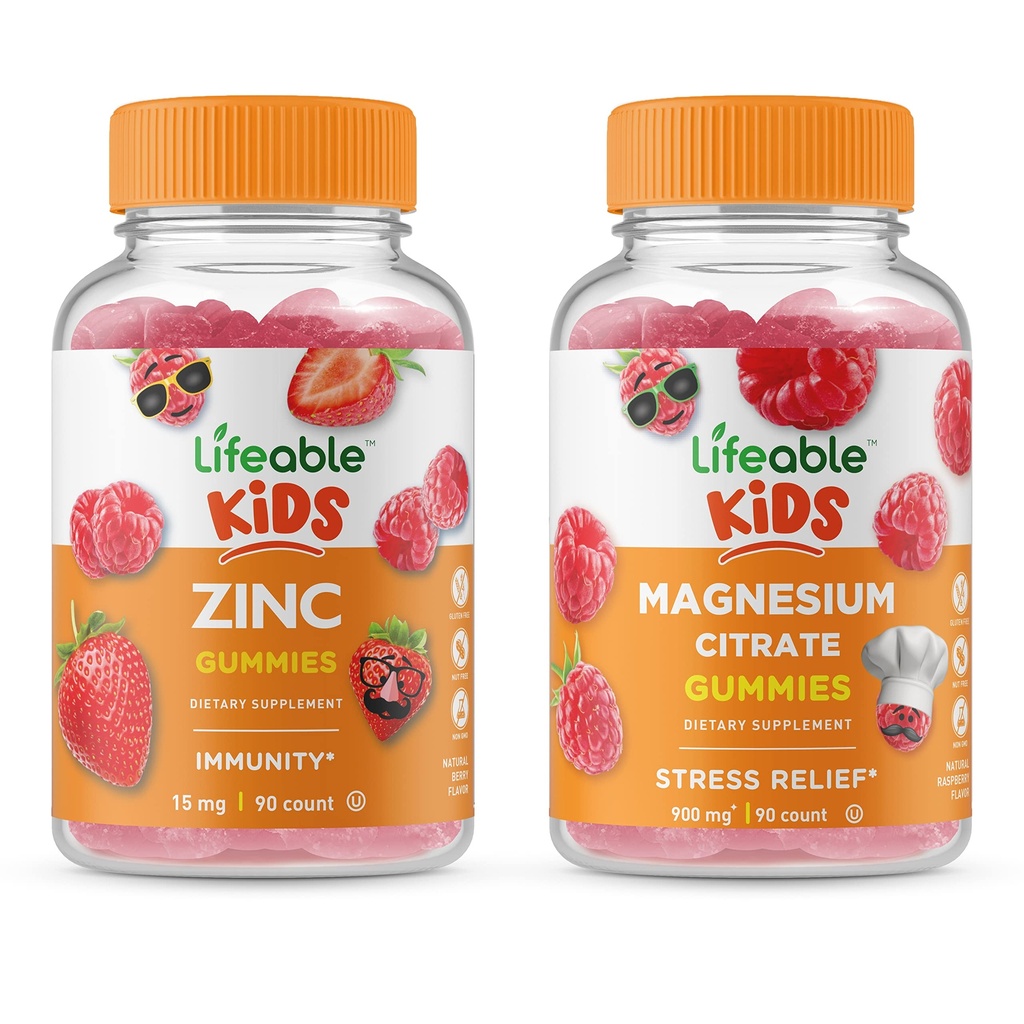 Niños de Magnesio Lifeable + niños Zinc, Gummies Bundle - Gran Tasting, Suplemento de Vitamina, Gluten Gratis, GMO Gratis, Chewable Gummy