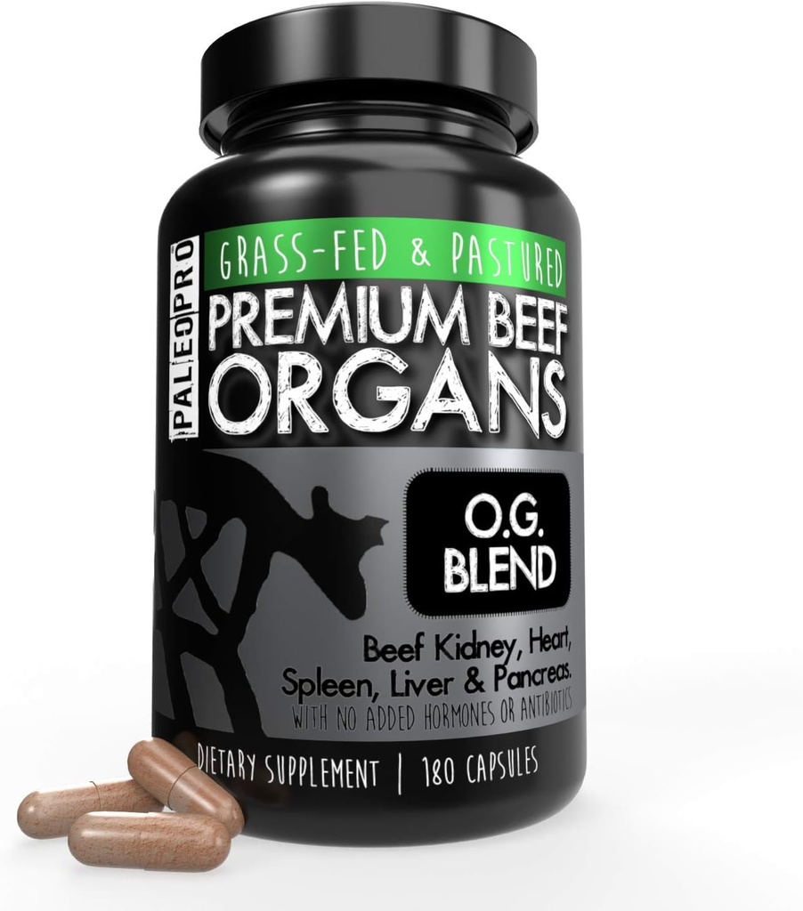 Paleo Pro O.G. Blend Premium Beef Organs Capsules, Kidney, Heart, Liver, Spleen and Pancreas from Grass Fed & Pastured Cows, Suplemento dietético, sin hormonas adicionales o antibióticos, 180 cápsulas