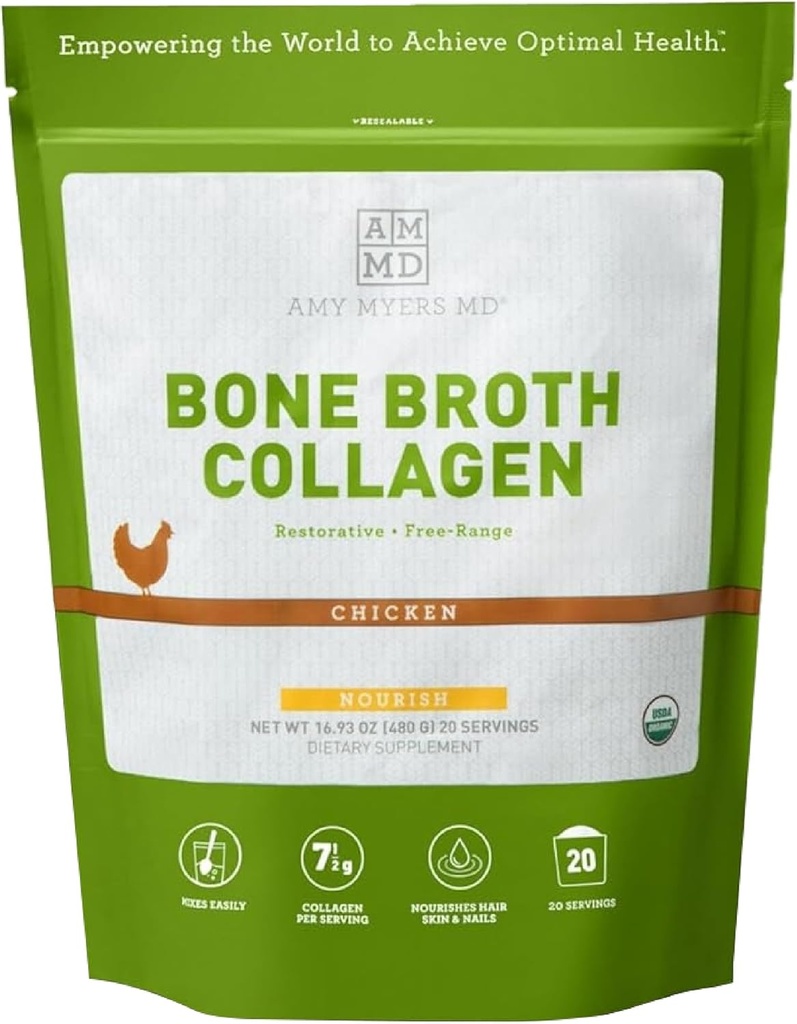 Amy Myers MD Bone Broth Collagen Powder - Organic Chicken Bone Broth - Supports Healthy Skin & Nails - para Gut Health & Joint Support - 20 Servings, Chicken Flavor
