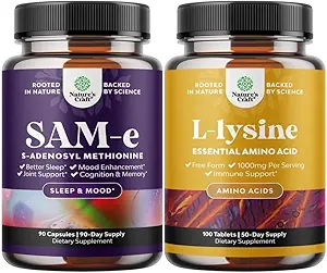 Bundle of Pure SAM E Supplement 150mg - Nootropic Same 150mg Por Serving for Memory & Brain Support and L Lysine 1000mg Free Form - L-Lysine Supplement for Eye Health Lip Care Collagen Synthesis
