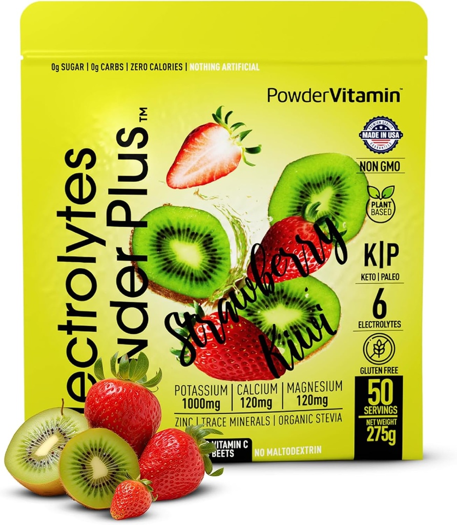 Electrolytes Powder Plus (50 Servings), 0 Calorie Keto, 0 Sugar, No Maltodextrin,1000mg Potasio,120mg Calcium,120mg Magnesium, Hidration Powder (50 Servings, Strawberry Kiwi)