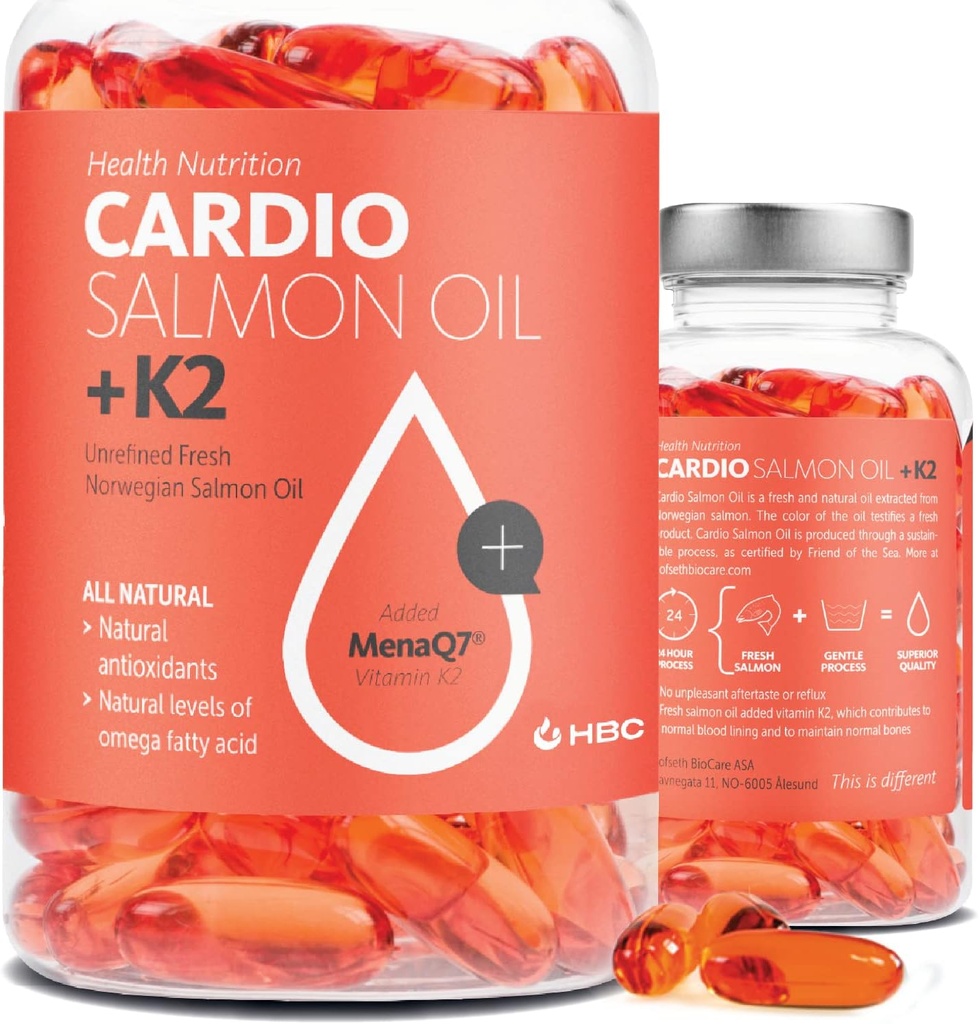 Alta resistencia Omega 3 aceite de pescado con vitamina K2-1000mg, aceite de salmón noruego, EPA & DHA, Burpless, Omega 3 ácidos grasos Suplemento para ojos, cerebro, corazón &amp; inmunidad - 90 cápsulas - Cardio