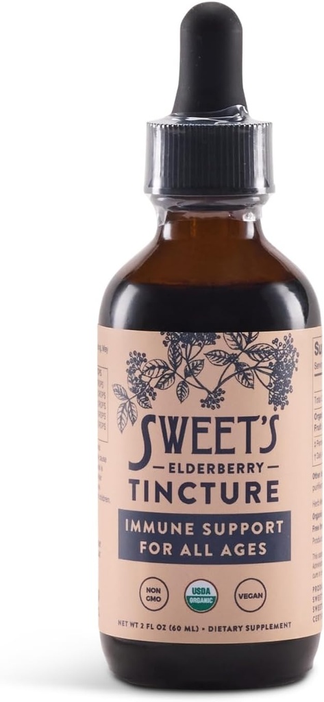 Sweet's Elderberry Tincture Silencio USDA Orgánica ← Alcohol-Libertad Silencio Black Elderberry Silencio Immune Apoyo para Todas las Eras Silencio Travel-Friendly 2 oz Bottle with Dropper Silencio Vegan Silencio Keto ← Non-GMO Silencio Unsweetened