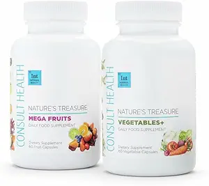 Consult Health Nature's Treasure, 60 Mega Fruit y 60 Veggie Capsules,100% Whole Natural Green and Red Superfood Plant Based Nutrition, Supports Energy Levels, Grown and Made in The USA - (2Pack)