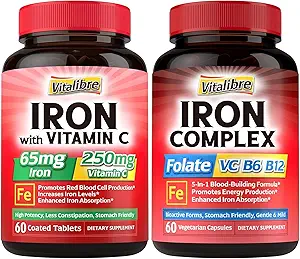 Suplemento de hierro para hombres y mujeres, con vitaminas C, B6, B12 &amp; Folate + suplemento de hierro, 65 mg de hierro de carbono con vitamina C de 250 mg
