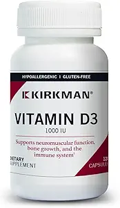 Kirkman - Vitamin D3 1000 IU - 120 Capsules - Supports Immune Health - Helps Build Strong Bones - Hypoallergenic