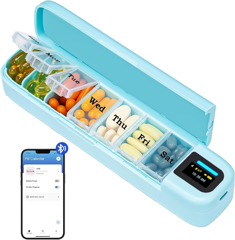 Organizador inteligente Daviky con Alarma, Bluetooth Daily Once a Day Pill Box 7 Day with APP, Weekly Travel Pill Case, Portable Pill Reminder for Medicines, Supplements and Vitamins(Green)