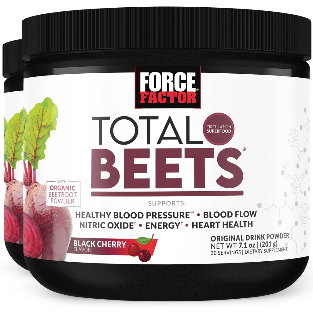 Force Factor Total Beets Superfood Beet Root Powder 2-Pack, Nitrates to Support Circulation, Blood Flow, Nitric Oxide, Energy, Endurance, Stamina, Cardiovascular Heart Health Supplement, 60 Servings