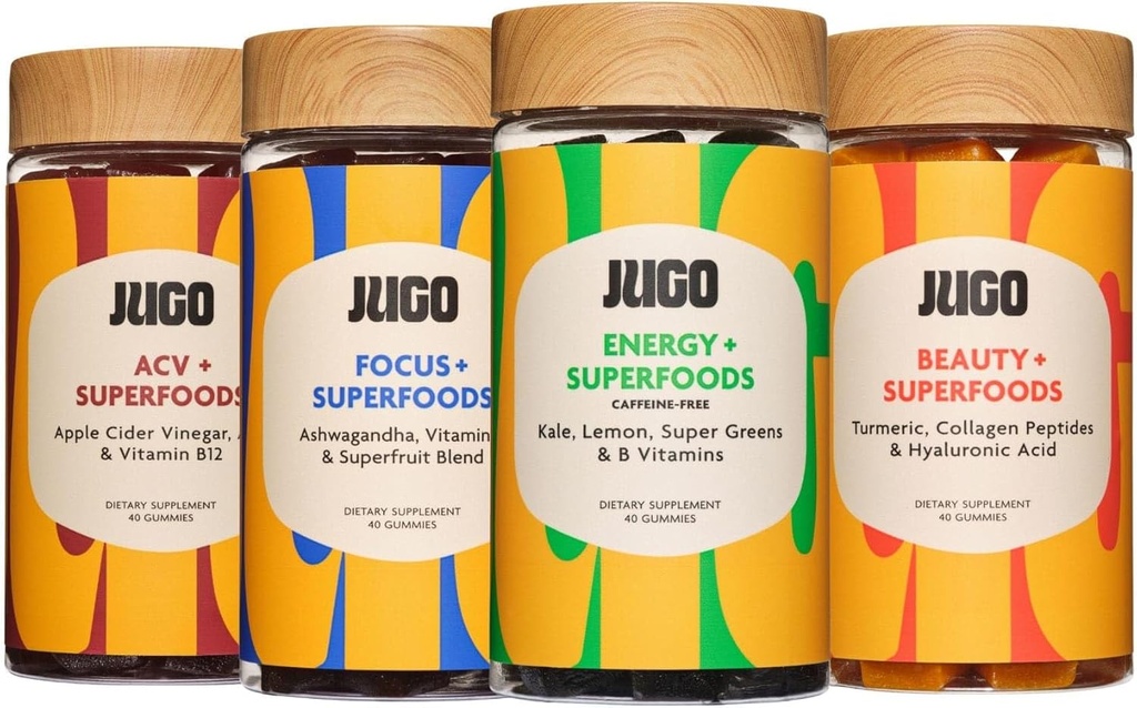 JUGO Superfoods Gummies Variety Pack – Focus, Energy, Beauty & ACV Gummies – Plant-Based, 100% Vegetarian, Gluten-Free – Soporta Mente, Cuerpo y Salud Digestiva