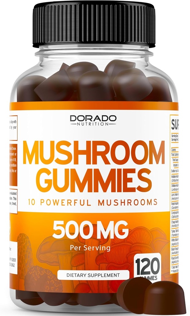 Mushroom Gummies 2500mg 10 en 1 Blend (120 Gummies con Lions Mane, Cordyceps, Reishi &amp; More Funal Mushroom) Focus & Brain Mushroom Suplemento - Vegan & Third Party Tested - USA Made