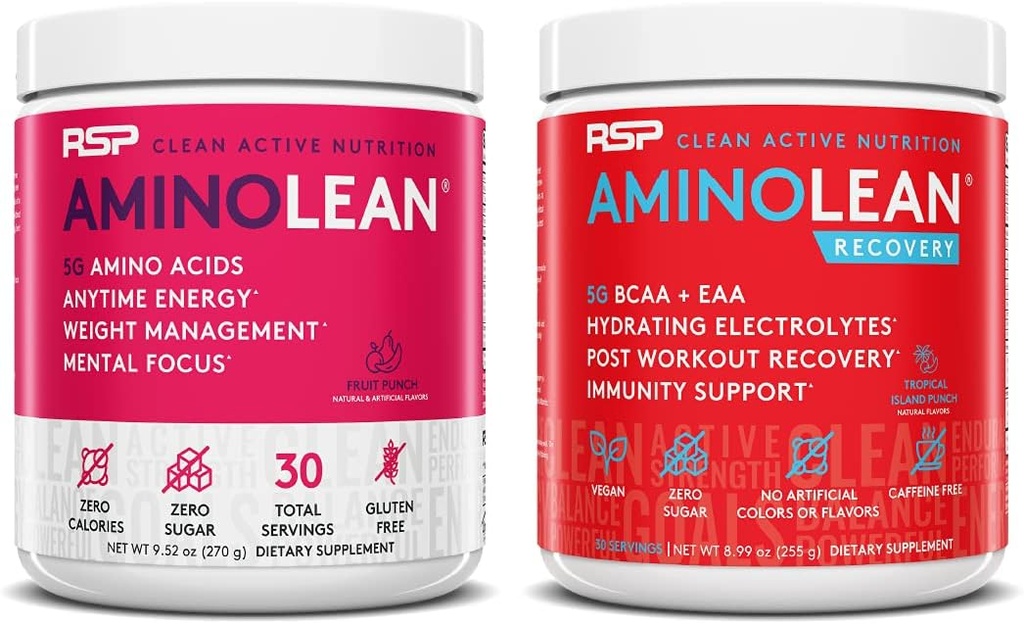 RSP NUTRITION AminoLean Pre Workout Energy (Fruit Punch 30 Servings) con AminoLean Recovery Post Workout Boost (Tropical Island Punch 30 Servimientos)