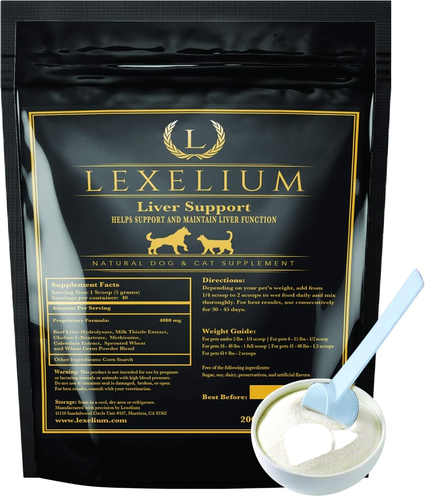 Liver Support Supplement for Dogs and Cats - Great for Detoxing and Helps Kidney, Liver & Skin Function - Cat Liver Support - Milk Thistle + Lysine + Choline Bitartrate + Methionine – 200g
