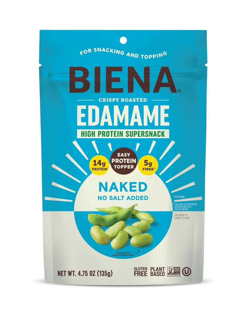 Biena Edamame Beans Snack High Protein Snacks – Healthy Sugar Free Snacks For Adults and Kids, Salt & Oil Free, 13g of Protein, 130 Low Calorie, Crunchy Edamame, Vegan, Low Carb, Gluten-Free, Naked - No Salt, 4 pk, 4.75oz Bag