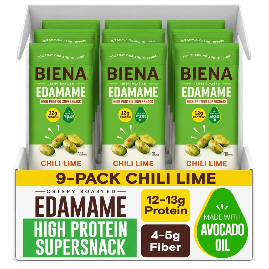 Biena Edamame Beans Snack High Protein Snacks – Healthy Office Snacks For Adults and Kids, 13g of Protein, 130 Low Calorie, Crunchy Edamame, Vegan, Low Carb, Gluten-Free, Chili Lime 9 pk